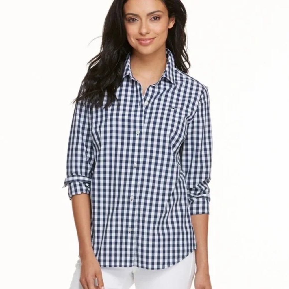 Vineyard Vines Navy and White Gingham Button Down Shirt Classic Iconic Old Money